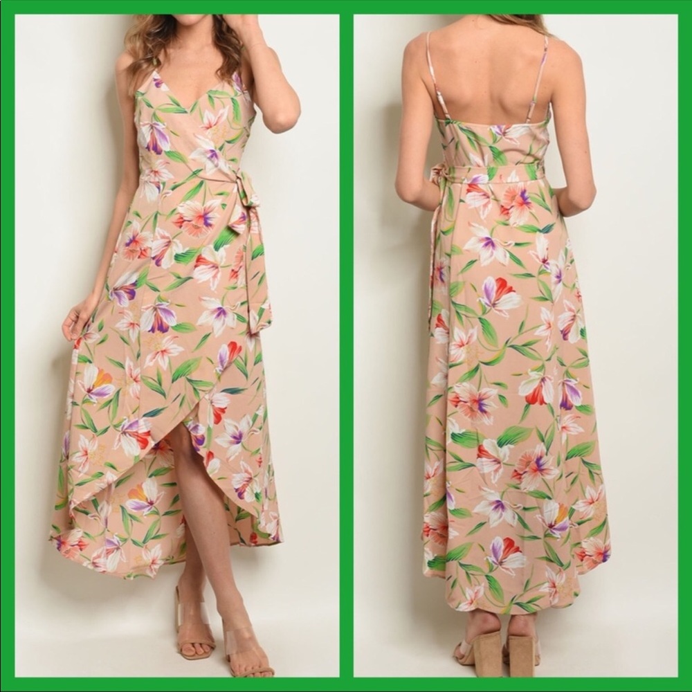 FLORAL WRAP HIGH-LOW MAXI DRESS